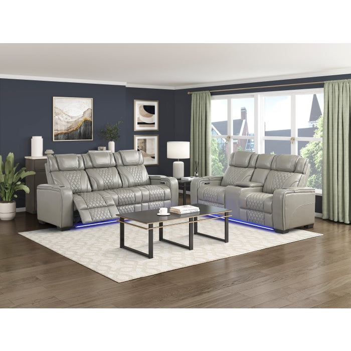 8449GY-3PWHM Power Double Reclining Sofa with Center Drop-Down Cup Holders, Power Headrests, Storage Arms with Cup holders, Reading Lights, Wireless Charger, Air Massage and Heat, LED Lighting and Charging Ports - 8449GY-3PWHM