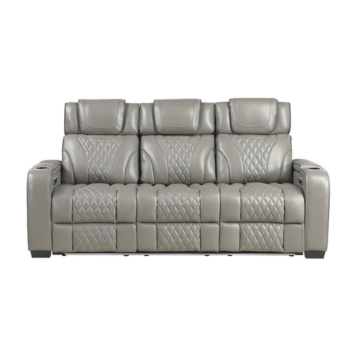 8449GY-3PWHM Power Double Reclining Sofa with Center Drop-Down Cup Holders, Power Headrests, Storage Arms with Cup holders, Reading Lights, Wireless Charger, Air Massage and Heat, LED Lighting and Charging Ports - 8449GY-3PWHM