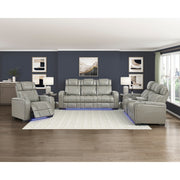 8449GY-3PWHM Power Double Reclining Sofa with Center Drop-Down Cup Holders, Power Headrests, Storage Arms with Cup holders, Reading Lights, Wireless Charger, Air Massage and Heat, LED Lighting and Charging Ports - 8449GY-3PWHM