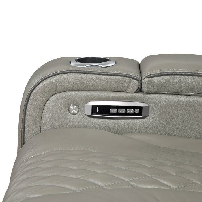8449GY-3PWHM Power Double Reclining Sofa with Center Drop-Down Cup Holders, Power Headrests, Storage Arms with Cup holders, Reading Lights, Wireless Charger, Air Massage and Heat, LED Lighting and Charging Ports - 8449GY-3PWHM