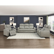 8449GY-3PWHM Power Double Reclining Sofa with Center Drop-Down Cup Holders, Power Headrests, Storage Arms with Cup holders, Reading Lights, Wireless Charger, Air Massage and Heat, LED Lighting and Charging Ports - 8449GY-3PWHM