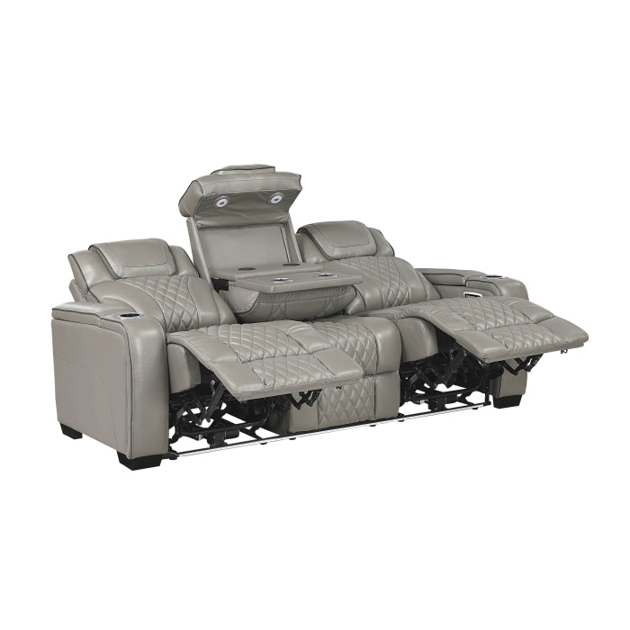 8449GY-3PWHM Power Double Reclining Sofa with Center Drop-Down Cup Holders, Power Headrests, Storage Arms with Cup holders, Reading Lights, Wireless Charger, Air Massage and Heat, LED Lighting and Charging Ports - 8449GY-3PWHM