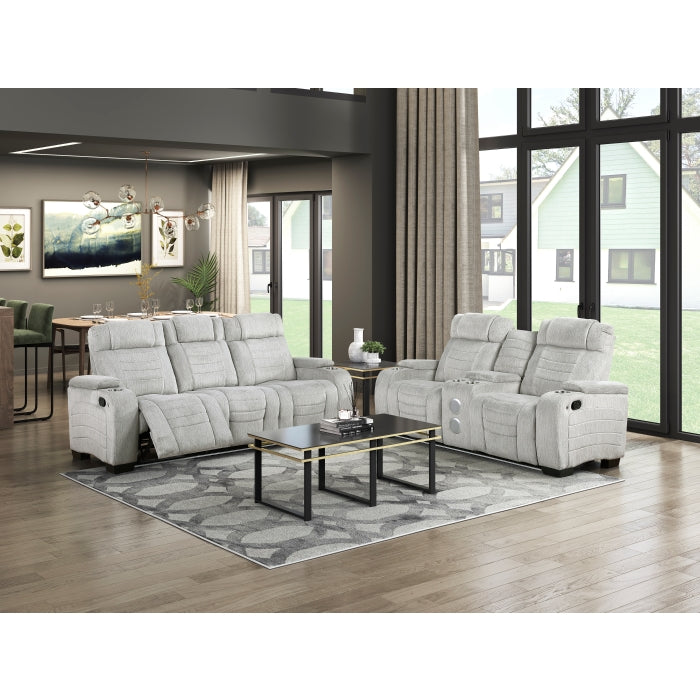 8455GRY-2 Double Reclining Love Seat with Center Console, Wireless Speakers, Storage Arms, Cup holders and LED - 8455GRY-2