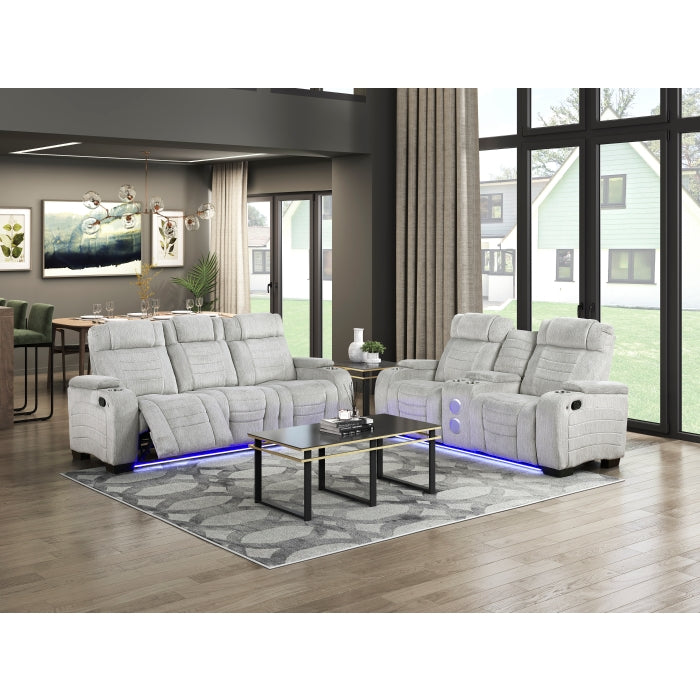 8455GRY-2 Double Reclining Love Seat with Center Console, Wireless Speakers, Storage Arms, Cup holders and LED - 8455GRY-2