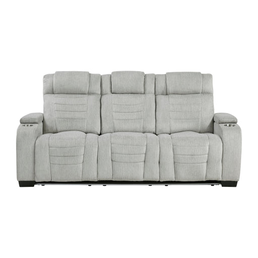 8455GRY-3 Double Reclining Sofa with Center Drop-Down Cup Holders, Storage Arms, Cup Holders, Reading Lights, Magazine Bag, Receptacles, Charging Ports and LED - 8455GRY-3