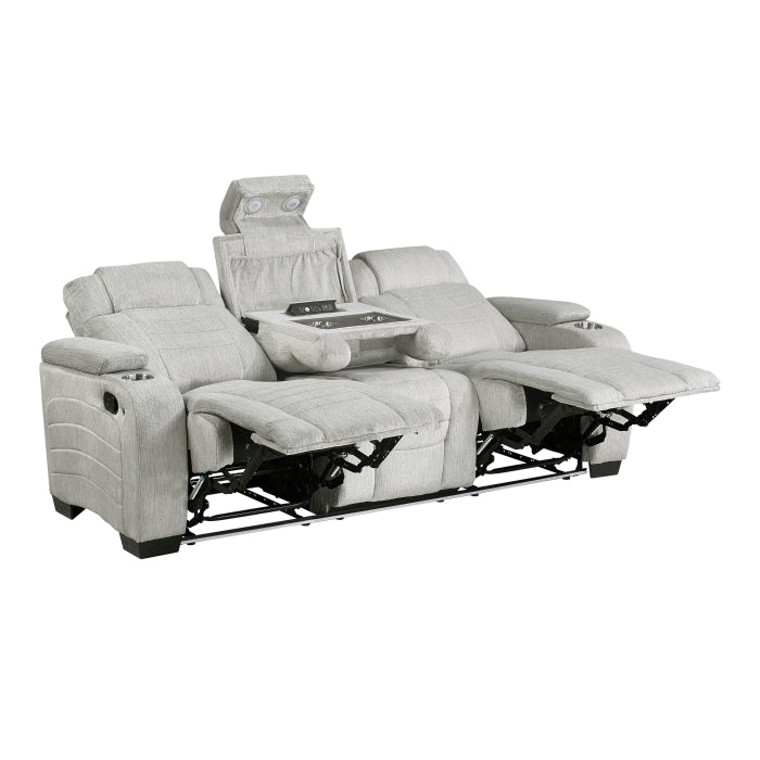 8455GRY-3 Double Reclining Sofa with Center Drop-Down Cup Holders, Storage Arms, Cup Holders, Reading Lights, Magazine Bag, Receptacles, Charging Ports and LED - 8455GRY-3