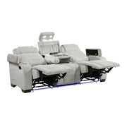 8455GRY-3 Double Reclining Sofa with Center Drop-Down Cup Holders, Storage Arms, Cup Holders, Reading Lights, Magazine Bag, Receptacles, Charging Ports and LED - 8455GRY-3