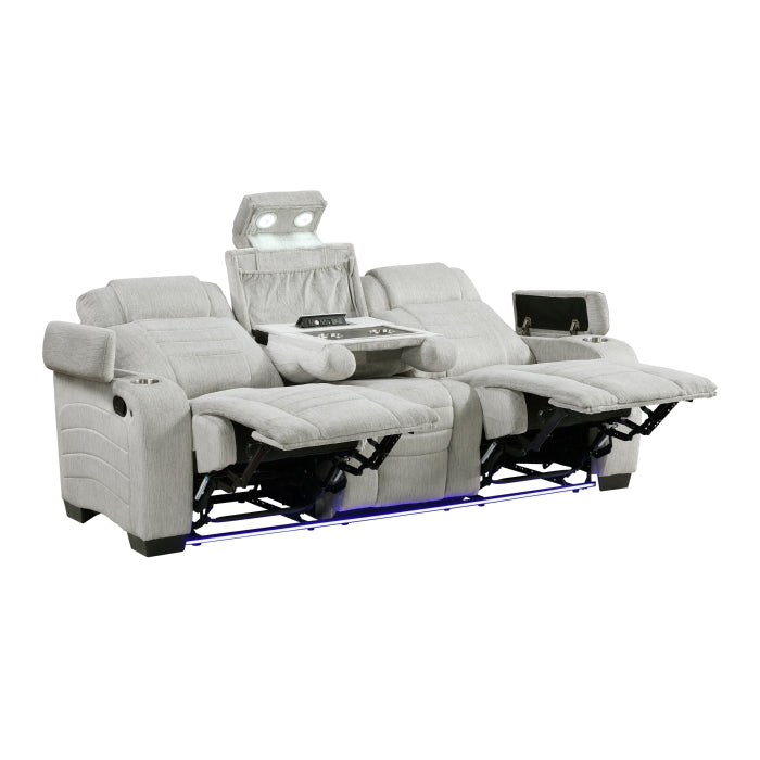 8455GRY-3 Double Reclining Sofa with Center Drop-Down Cup Holders, Storage Arms, Cup Holders, Reading Lights, Magazine Bag, Receptacles, Charging Ports and LED - 8455GRY-3