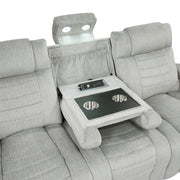 8455GRY-3 Double Reclining Sofa with Center Drop-Down Cup Holders, Storage Arms, Cup Holders, Reading Lights, Magazine Bag, Receptacles, Charging Ports and LED - 8455GRY-3