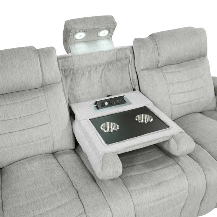 8455GRY-3 Double Reclining Sofa with Center Drop-Down Cup Holders, Storage Arms, Cup Holders, Reading Lights, Magazine Bag, Receptacles, Charging Ports and LED - 8455GRY-3