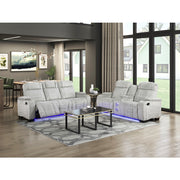 8455GRY-3 Double Reclining Sofa with Center Drop-Down Cup Holders, Storage Arms, Cup Holders, Reading Lights, Magazine Bag, Receptacles, Charging Ports and LED - 8455GRY-3