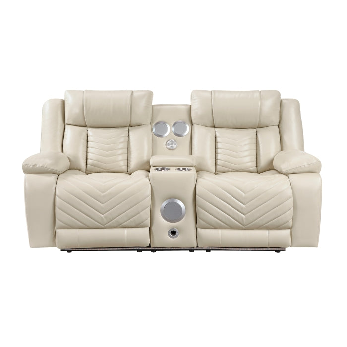 8457BEG-2PW Power Double Reclining Love Seat with Center Console, Wireless Speakers, LED and Charging Ports - 8457BEG-2PW