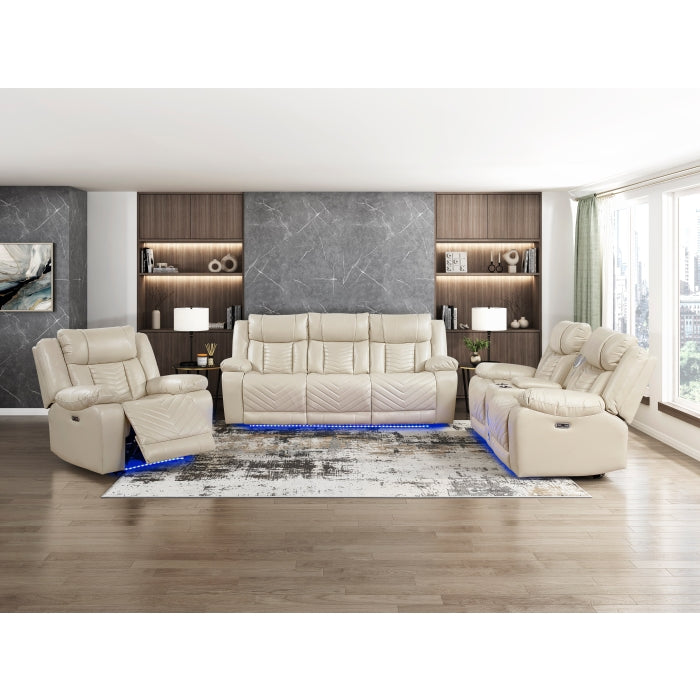 8457BEG-2PW Power Double Reclining Love Seat with Center Console, Wireless Speakers, LED and Charging Ports - 8457BEG-2PW