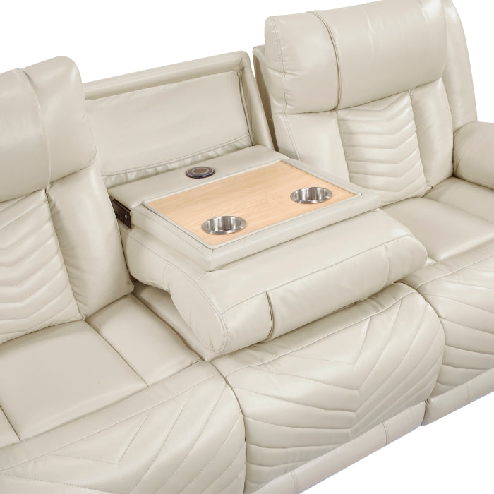 8457BEG-3PW Power Double Reclining Sofa with Center Drop-Down Cup Holders, Wireless Charger, Magazine Bag, LED and Charging Ports - 8457BEG-3PW