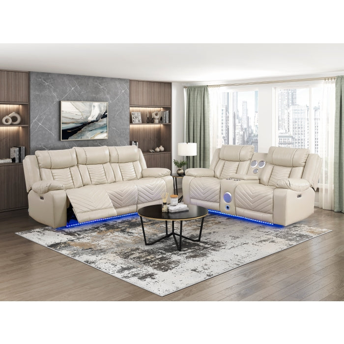 8457BEG-3PW Power Double Reclining Sofa with Center Drop-Down Cup Holders, Wireless Charger, Magazine Bag, LED and Charging Ports - 8457BEG-3PW