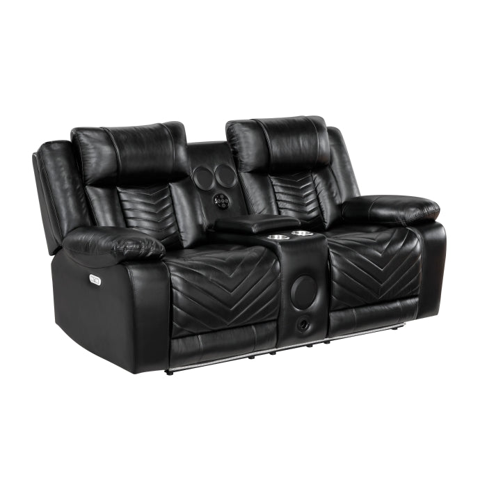 8457BLK-2PW Power Double Reclining Love Seat with Center Console, Wireless Speakers, LED and Charging Ports - 8457BLK-2PW