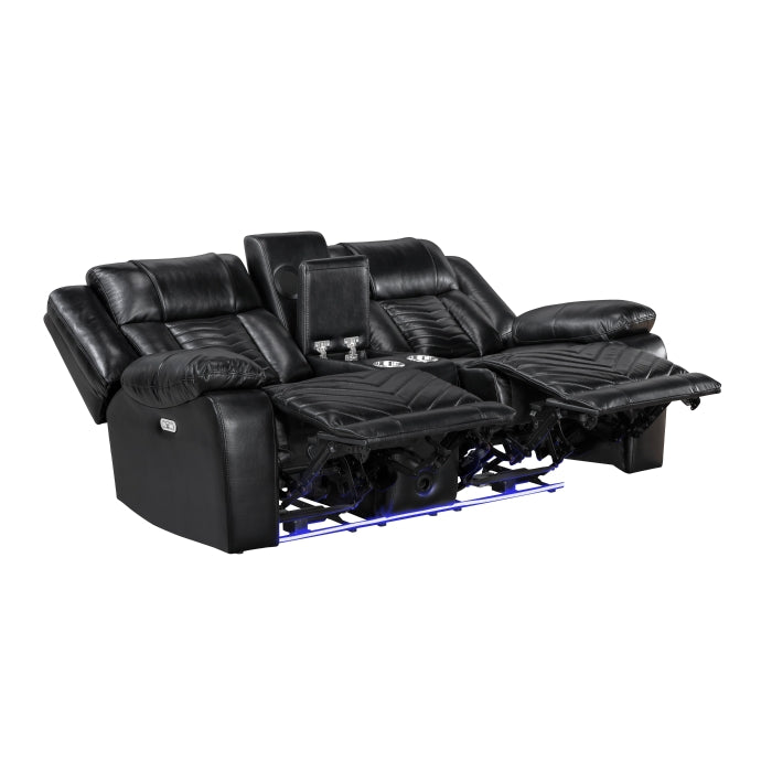 8457BLK-2PW Power Double Reclining Love Seat with Center Console, Wireless Speakers, LED and Charging Ports - 8457BLK-2PW