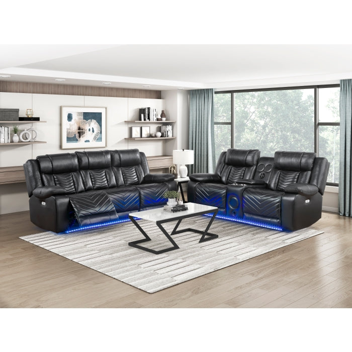 8457BLK-2PW Power Double Reclining Love Seat with Center Console, Wireless Speakers, LED and Charging Ports - 8457BLK-2PW