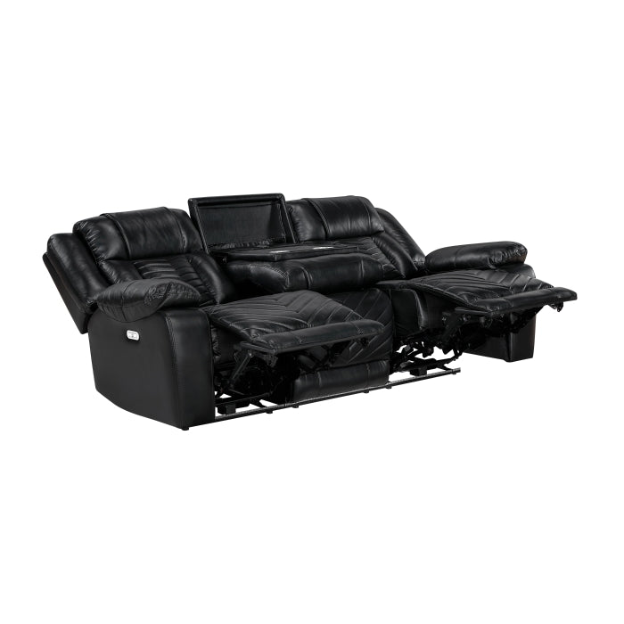 8457BLK-3PW Power Double Reclining Sofa with Center Drop-Down Cup Holders, Wireless Charger, Magazine Bag, LED and Charging Ports - 8457BLK-3PW