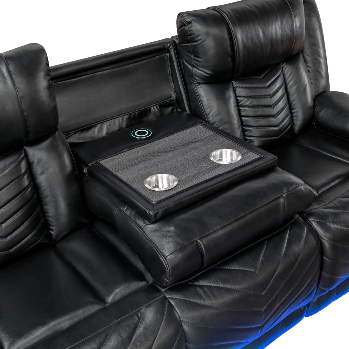 8457BLK-3PW Power Double Reclining Sofa with Center Drop-Down Cup Holders, Wireless Charger, Magazine Bag, LED and Charging Ports - 8457BLK-3PW