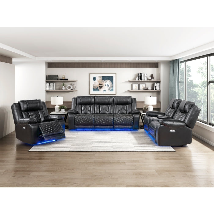 8457BLK-3PW Power Double Reclining Sofa with Center Drop-Down Cup Holders, Wireless Charger, Magazine Bag, LED and Charging Ports - 8457BLK-3PW