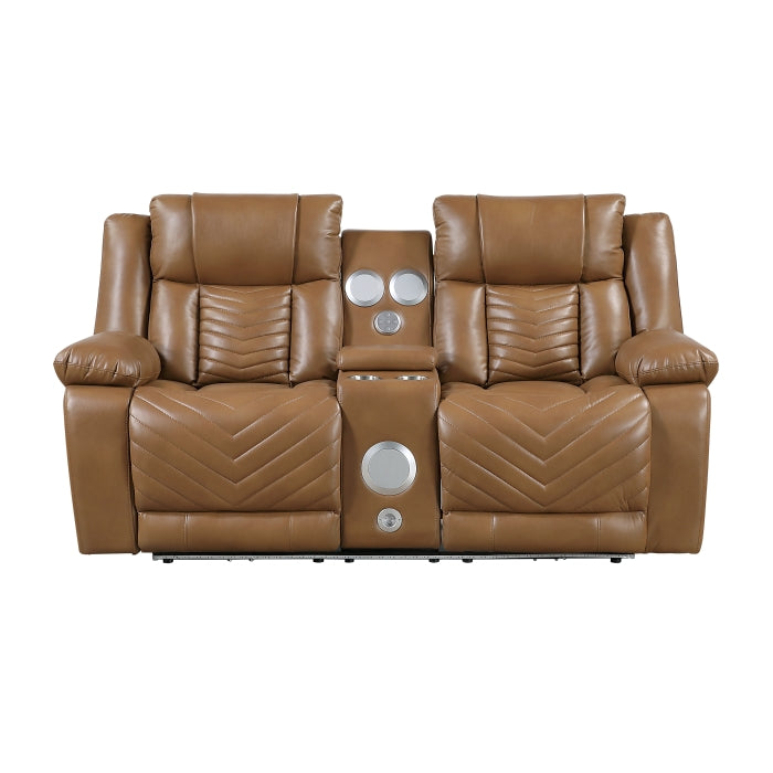 8457BRW-2PW Power Double Reclining Love Seat with Center Console, Wireless Speakers, LED and Charging Ports - 8457BRW-2PW