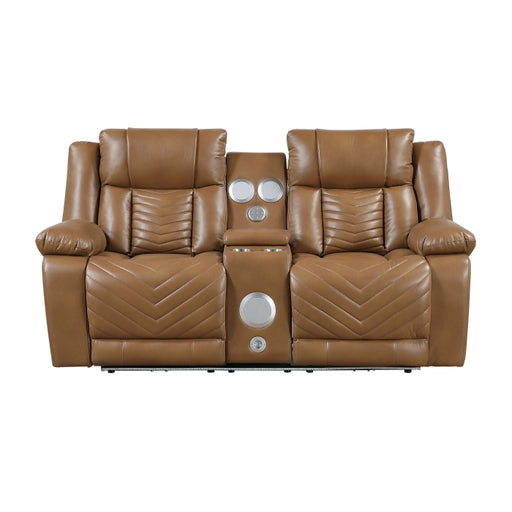 8457BRW-2PW Power Double Reclining Love Seat with Center Console, Wireless Speakers, LED and Charging Ports - 8457BRW-2PW