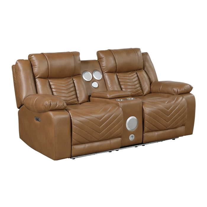 8457BRW-2PW Power Double Reclining Love Seat with Center Console, Wireless Speakers, LED and Charging Ports - 8457BRW-2PW