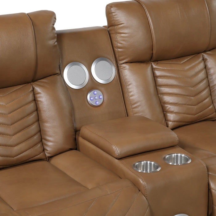 8457BRW-2PW Power Double Reclining Love Seat with Center Console, Wireless Speakers, LED and Charging Ports - 8457BRW-2PW