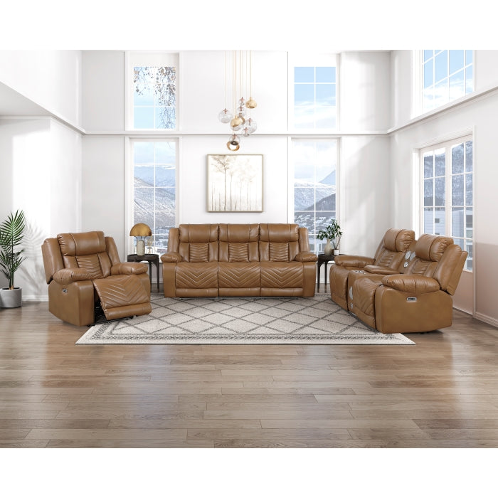 8457BRW-2PW Power Double Reclining Love Seat with Center Console, Wireless Speakers, LED and Charging Ports - 8457BRW-2PW