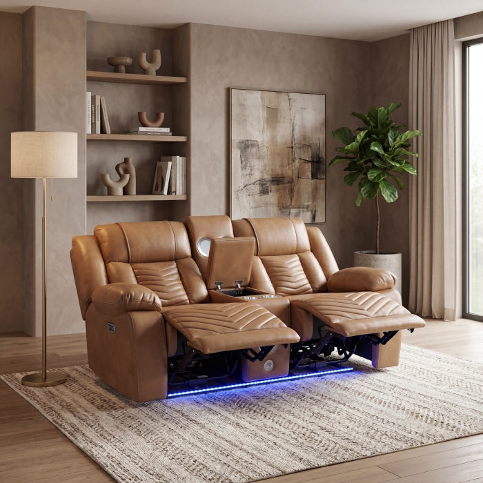 8457BRW-2PW Power Double Reclining Love Seat with Center Console, Wireless Speakers, LED and Charging Ports - 8457BRW-2PW