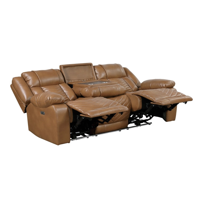 8457BRW-3PW Power Double Reclining Sofa with Center Drop-Down Cup Holders, Wireless Charger, Magazine Bag, LED and Charging Ports - 8457BRW-3PW