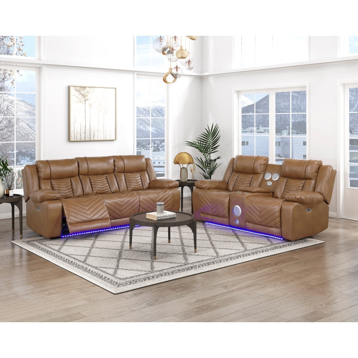 8457BRW-3PW Power Double Reclining Sofa with Center Drop-Down Cup Holders, Wireless Charger, Magazine Bag, LED and Charging Ports - 8457BRW-3PW