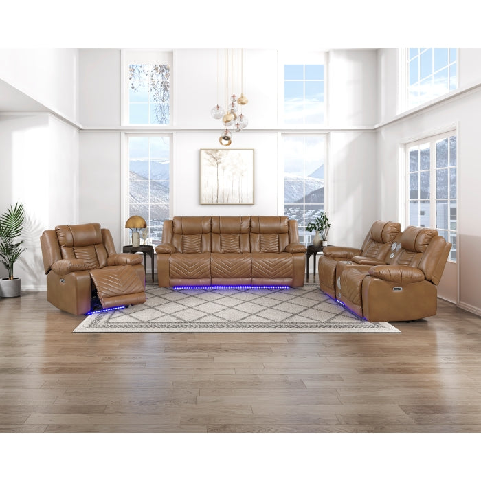 8457BRW-3PW Power Double Reclining Sofa with Center Drop-Down Cup Holders, Wireless Charger, Magazine Bag, LED and Charging Ports - 8457BRW-3PW