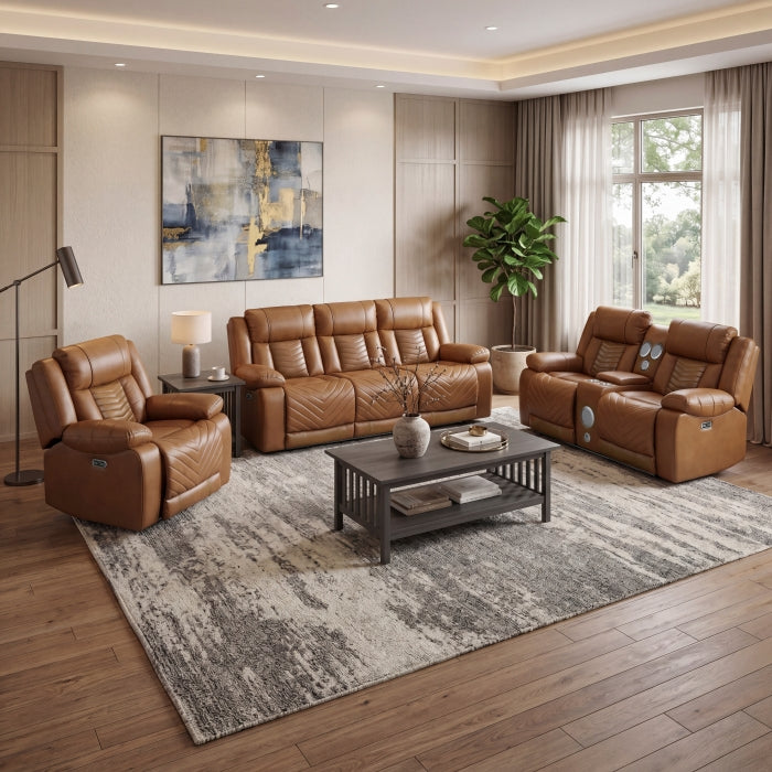 8457BRW-3PW Power Double Reclining Sofa with Center Drop-Down Cup Holders, Wireless Charger, Magazine Bag, LED and Charging Ports - 8457BRW-3PW