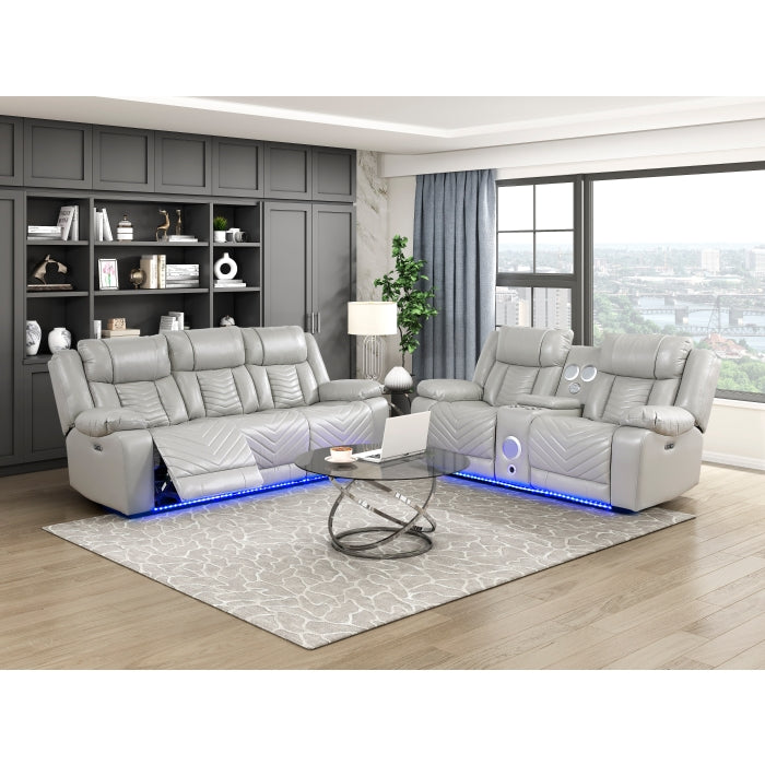 8457GRY-2PW Power Double Reclining Love Seat with Center Console, Wireless Speakers, LED and Charging Ports - 8457GRY-2PW