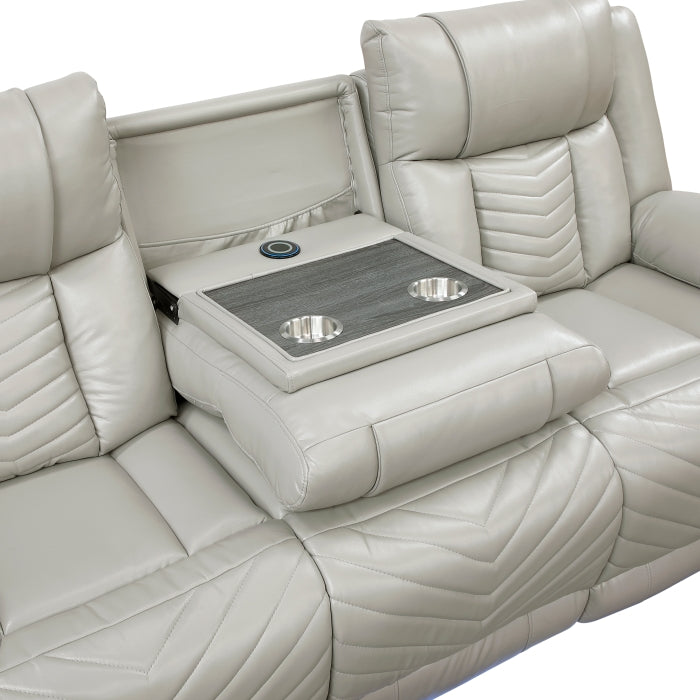8457GRY-3PW Power Double Reclining Sofa with Center Drop-Down Cup Holders, Wireless Charger, Magazine Bag, LED and Charging Ports - 8457GRY-3PW