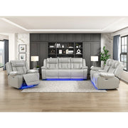8457GRY-3PW Power Double Reclining Sofa with Center Drop-Down Cup Holders, Wireless Charger, Magazine Bag, LED and Charging Ports - 8457GRY-3PW
