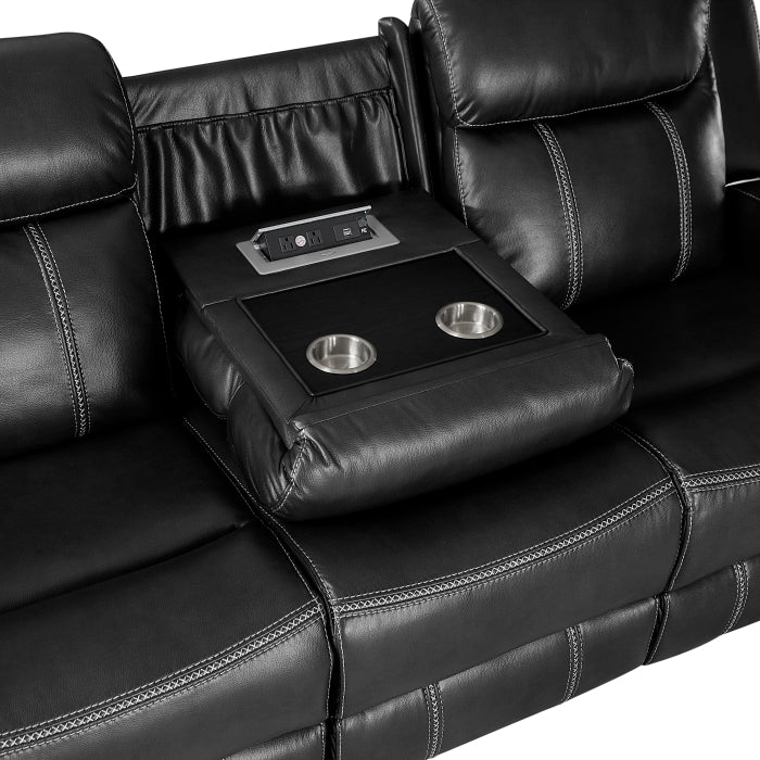 8516BK-3 Double Reclining Sofa with Center Drop-Down Cup Holders,Storage Pouch, Receptacles and USB Ports - 8516BK-3