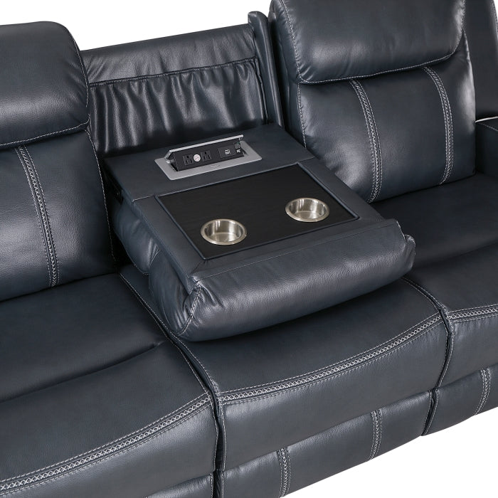 8516BU-3 Double Reclining Sofa with Center Drop-Down Cup Holders,Storage Pouch, Receptacles and USB Ports - 8516BU-3