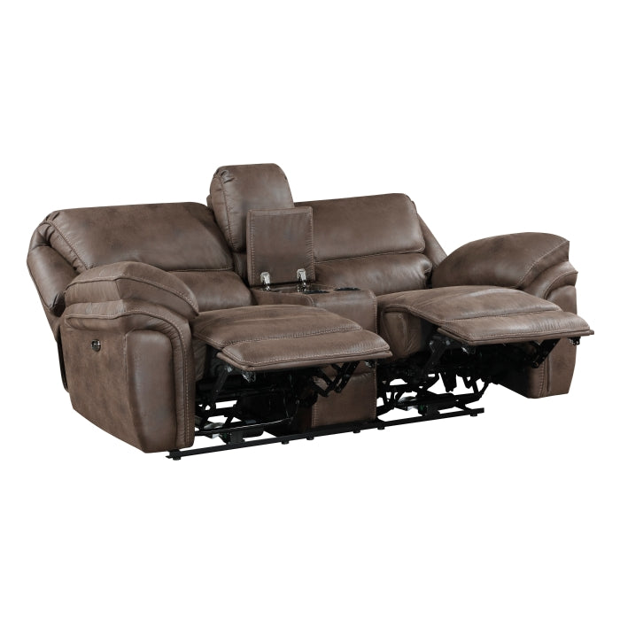8517BRW-2PW Power Double Reclining Love Seat with Center Console - 8517BRW-2PW