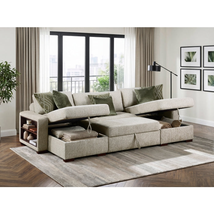 8548*4VC15ACLA2 (4)3-Piece Sectional with Two Reversible Chaises, Pull-out Bed, Hidden Storage, Click Motion Back and Two Arms with Shelves and Charging Ports - 8548*4VC15ACLA2