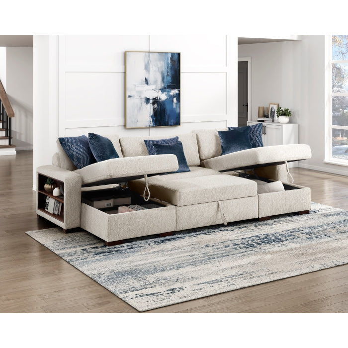 8548BE*4VC15ACLA2 (4)3-Piece Sectional with Two Reversible Chaises, Pull-out Bed, Hidden Storage, Click Motion Back and Two Arms with Shelves and Charging Ports - 8548BE*4VC15ACLA2