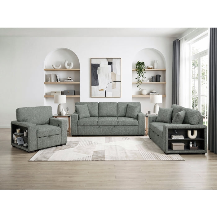 9050GRN-3SL Sofa with Pull-out Bed, Center Drop-down Cup Holders, Arms with Shelves and Charging Ports - 9050GRN-3SL