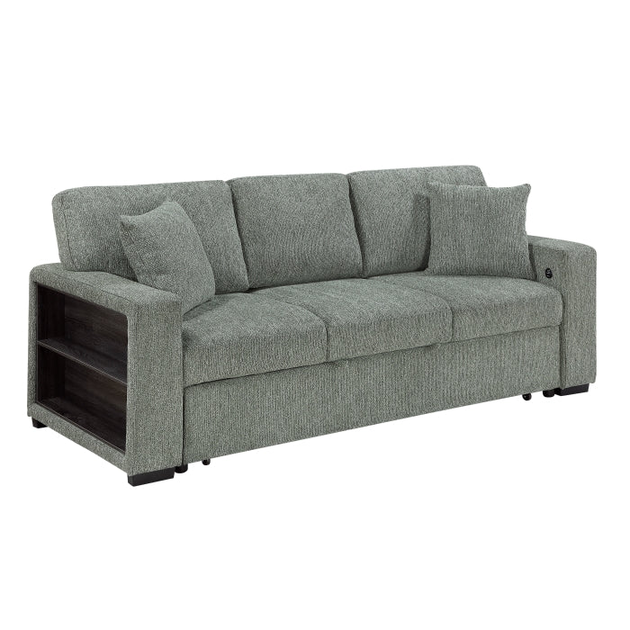 9050GRN-3SL Sofa with Pull-out Bed, Center Drop-down Cup Holders, Arms with Shelves and Charging Ports - 9050GRN-3SL