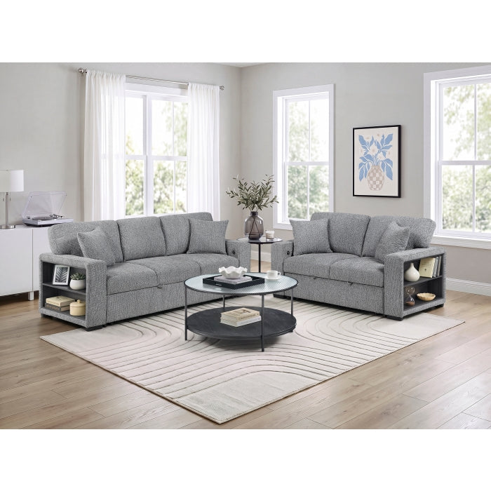9050GRY-3SL Sofa with Pull-out Bed, Center Drop-down Cup Holders, Arms with Shelves and Charging Ports - 9050GRY-3SL