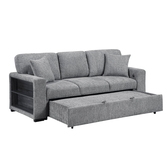 9050GRY-3SL Sofa with Pull-out Bed, Center Drop-down Cup Holders, Arms with Shelves and Charging Ports - 9050GRY-3SL