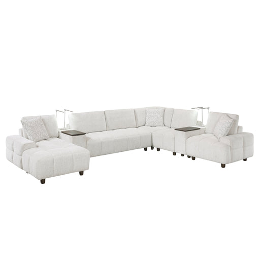 9067TPE*7LC1R 7-Piece Modular Sectional with Left Chaise, Two Consoles with Hidden Storage, Wireless Speakers, Wireless Chargers, Swivel Table Top, Reading Lights and Charging Ports - 9067TPE*7LC1R