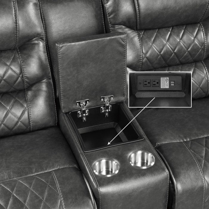 9405GY-2PW Power Double Reclining Love Seat with Center Console, Receptacles and USB Ports - 9405GY-2PW