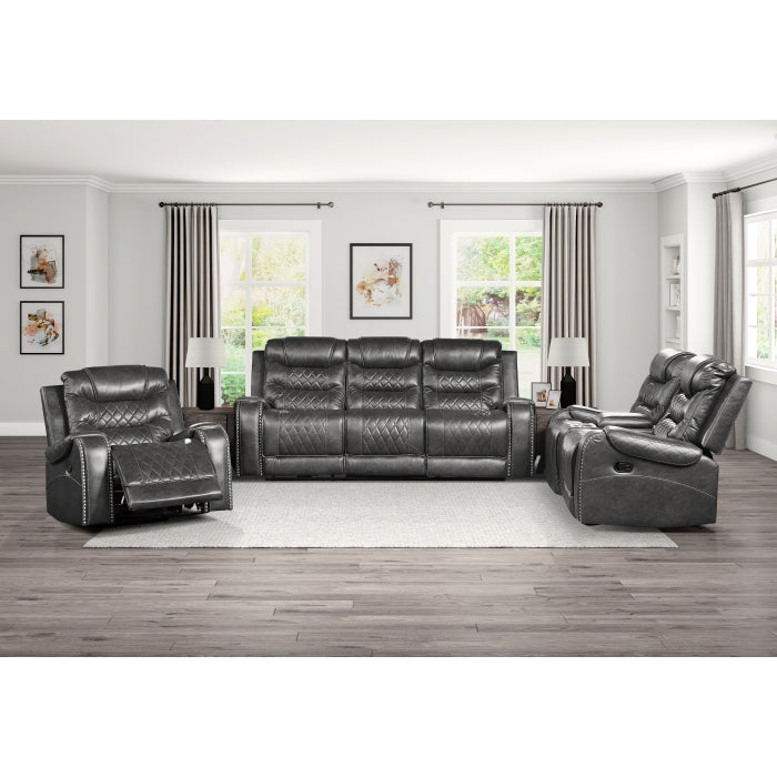 9405GY-3 Double Reclining Sofa with Center Drop-Down Cup Holders, Receptacles and USB Ports - 9405GY-3